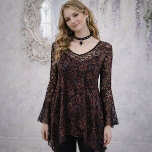 Dor dor Black Brown Lace Sheer Floral Long Sleeve Whimsigoth  Top Small